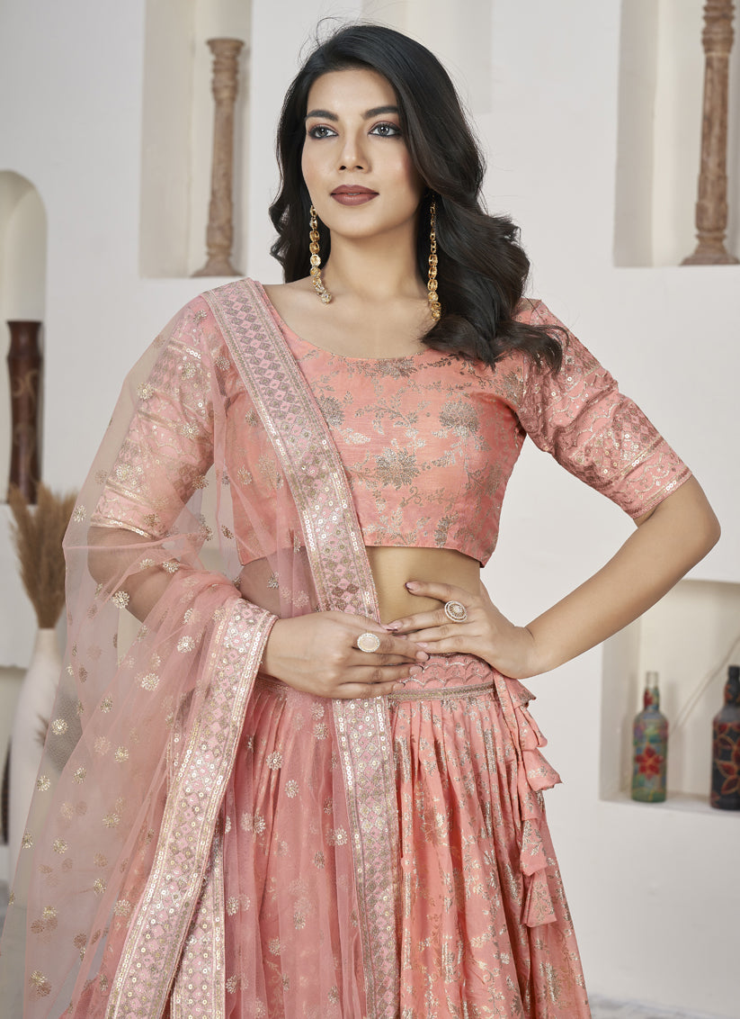 Peach Dola Jacquard Lehenga Choli with Net Dupatta