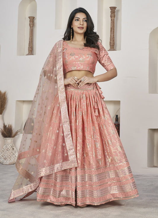 Peach Dola Jacquard Lehenga Choli with Net Dupatta