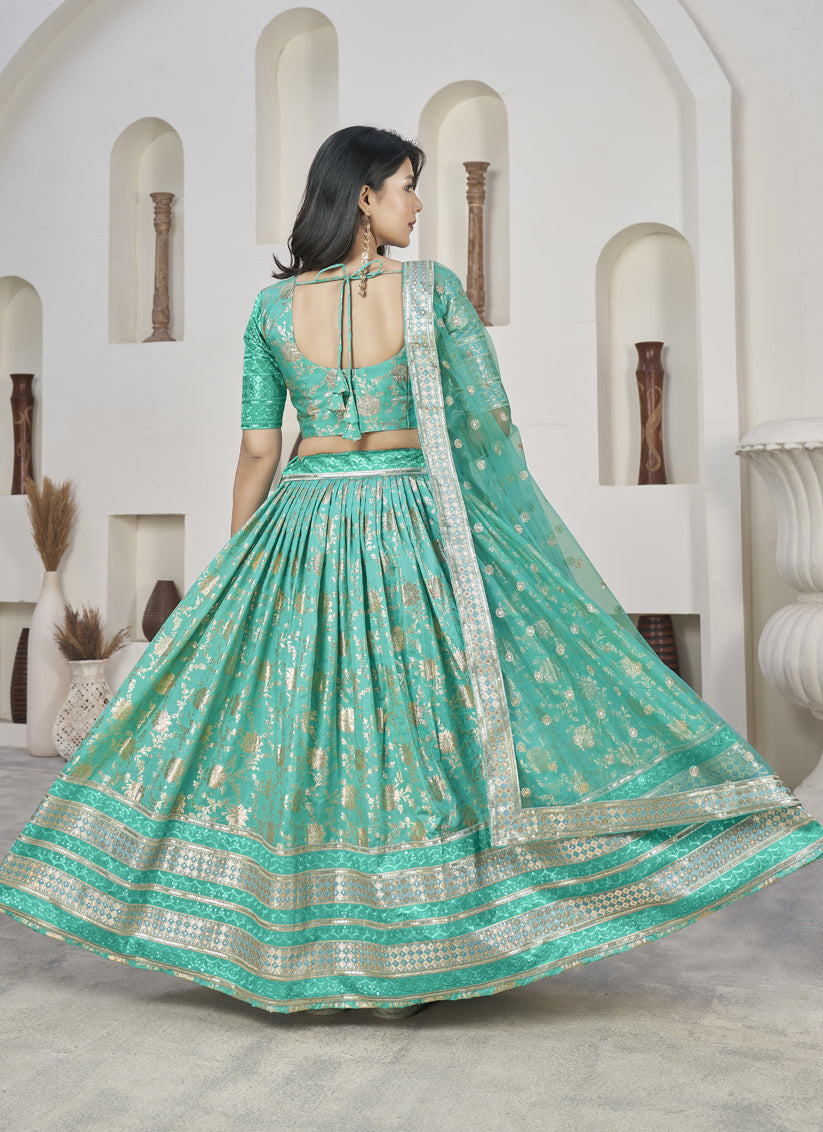 Turquoise Dola Jacquard Lehenga Choli with Net Dupatta