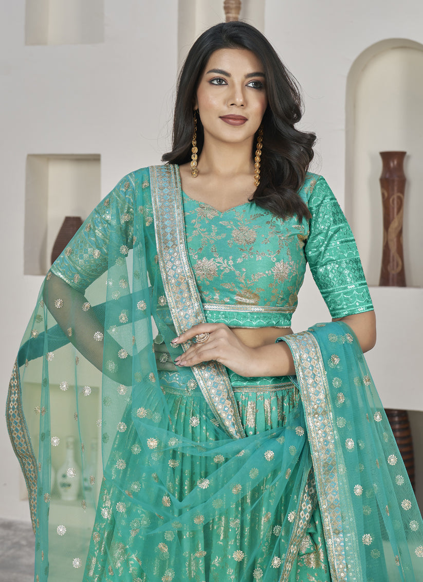 Turquoise Dola Jacquard Lehenga Choli with Net Dupatta