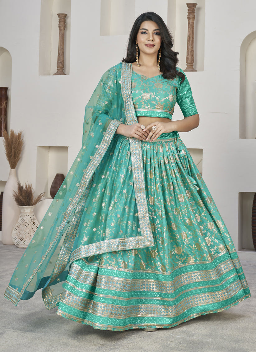 Turquoise Dola Jacquard Lehenga Choli with Net Dupatta