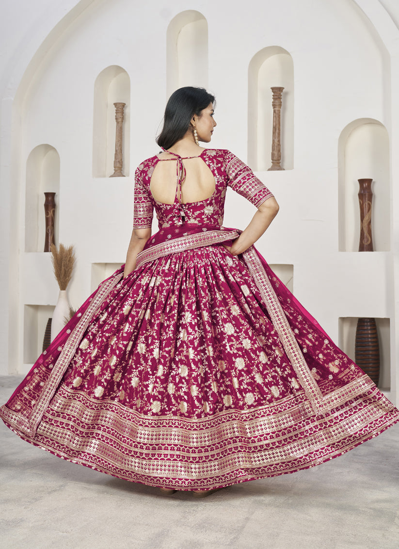 Fuchsia Dola Jacquard Lehenga Choli with Net Dupatta