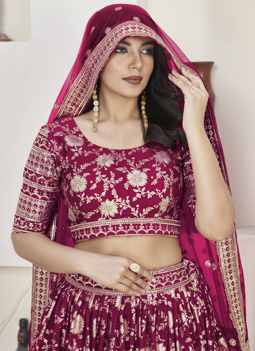 Fuchsia Dola Jacquard Lehenga Choli with Net Dupatta