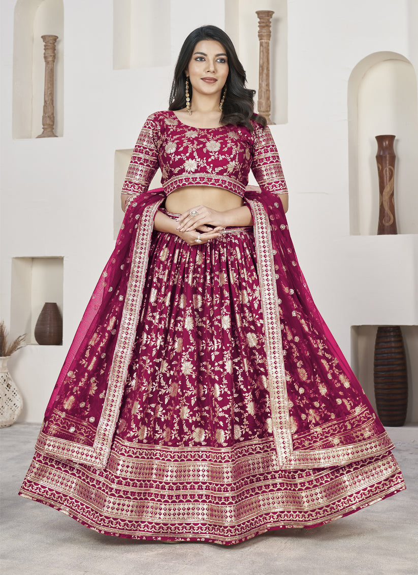 Fuchsia Dola Jacquard Lehenga Choli with Net Dupatta