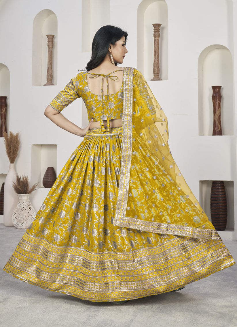 Mustard Dola Jacquard Lehenga Choli with Net Dupatta