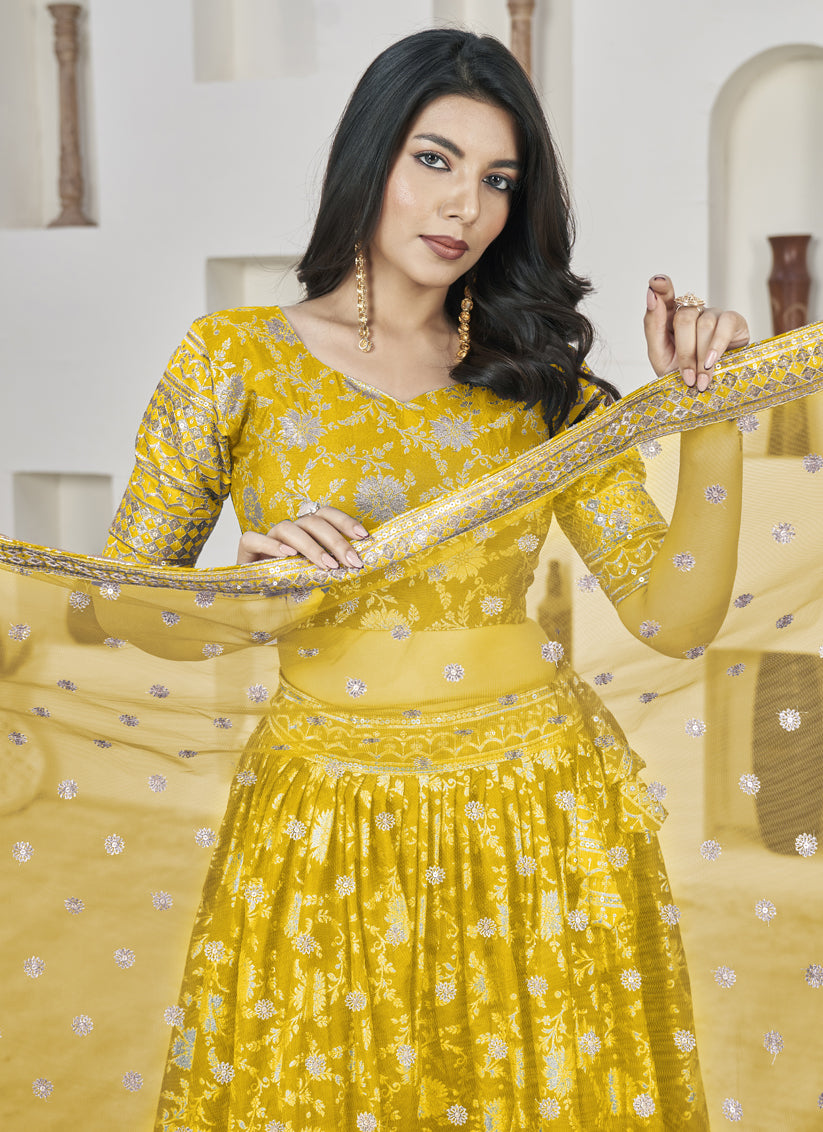 Mustard Dola Jacquard Lehenga Choli with Net Dupatta