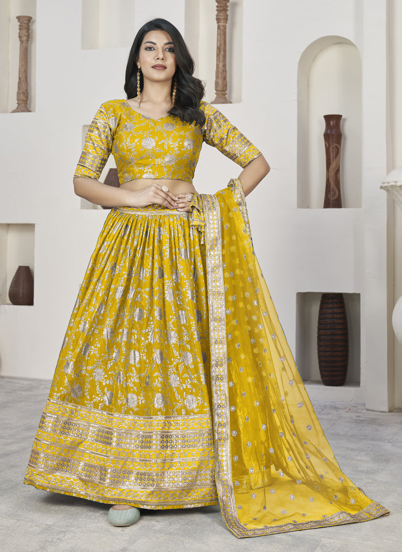 Mustard Dola Jacquard Lehenga Choli with Net Dupatta