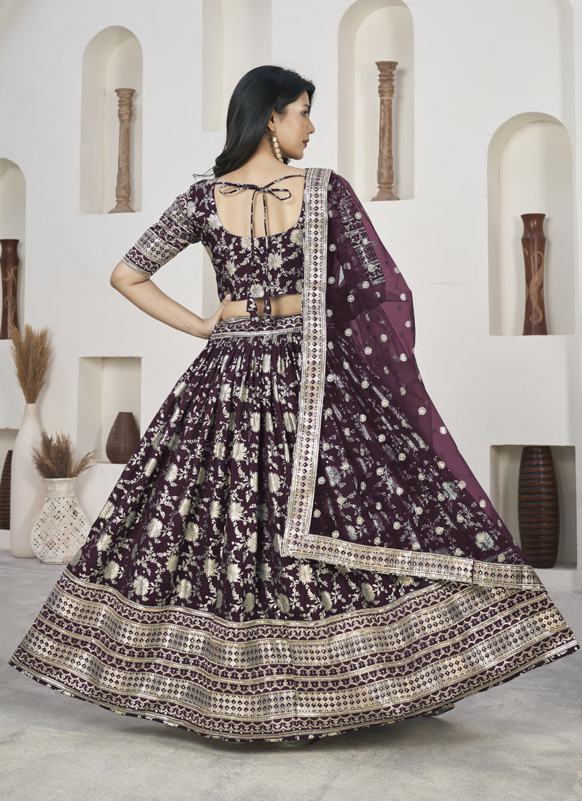 Burgundy Dola Jacquard Lehenga Choli with Net Dupatta