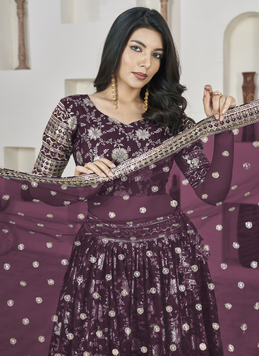 Burgundy Dola Jacquard Lehenga Choli with Net Dupatta