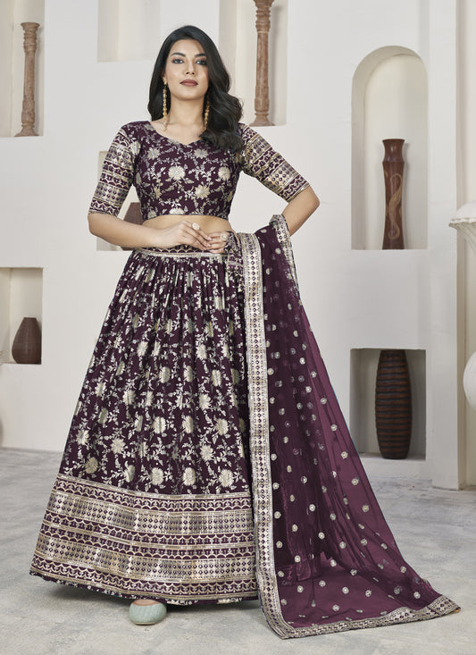 Burgundy Dola Jacquard Lehenga Choli with Net Dupatta