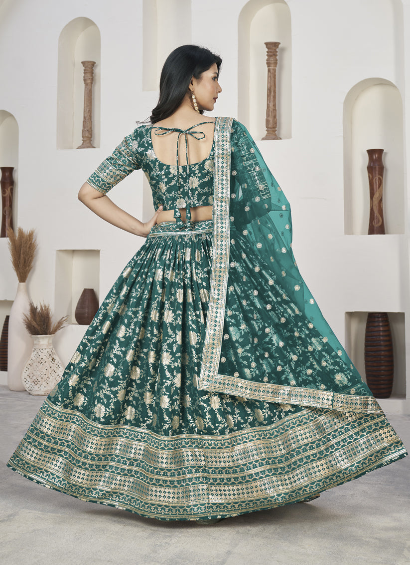 Rama Green Dola Jacquard Lehenga Choli with Net Dupatta