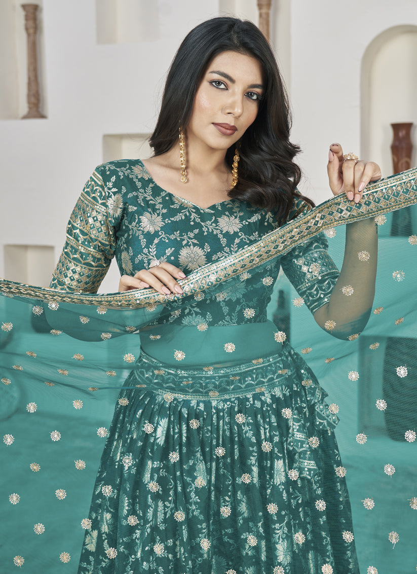 Rama Green Dola Jacquard Lehenga Choli with Net Dupatta