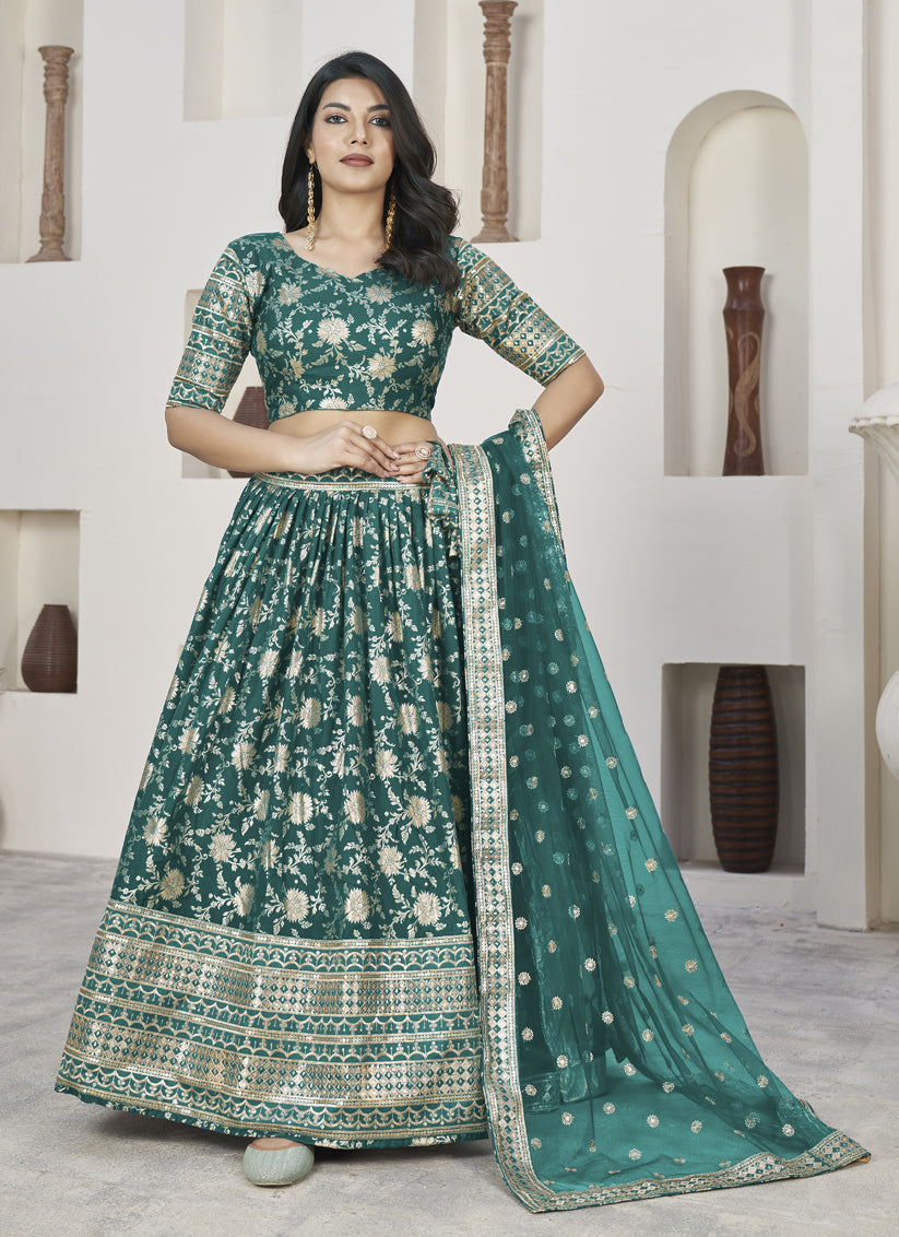 Rama Green Dola Jacquard Lehenga Choli with Net Dupatta