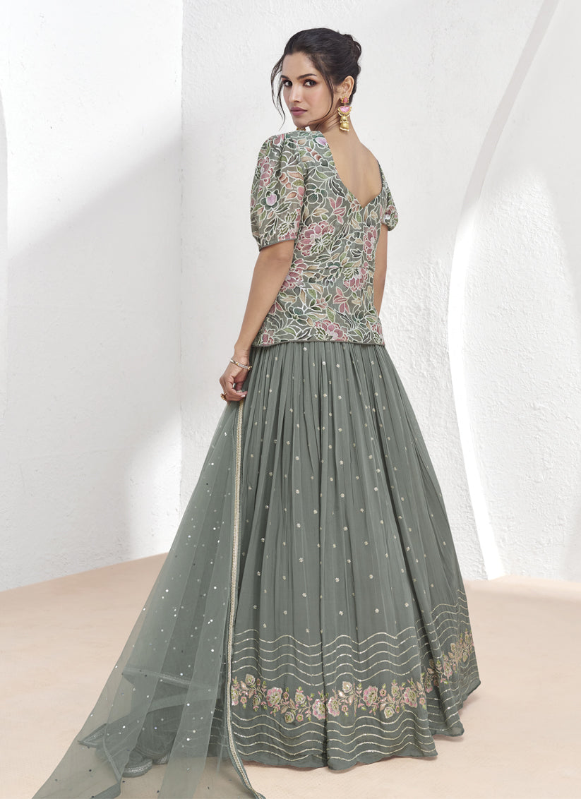 Grey Embroidered Georgette Designer Lehenga Choli