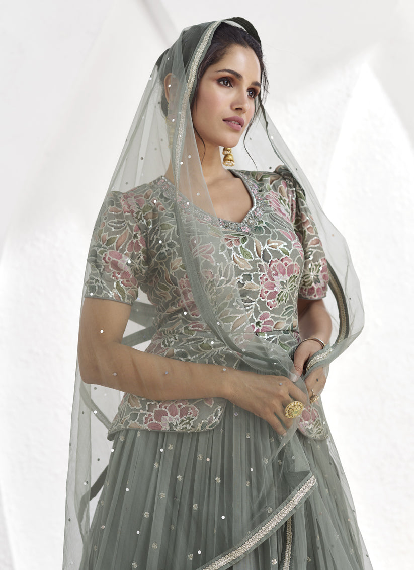 Grey Embroidered Georgette Designer Lehenga Choli