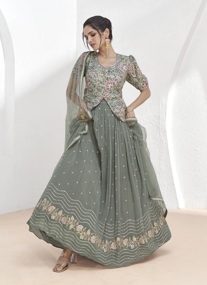 Grey Embroidered Georgette Designer Lehenga Choli