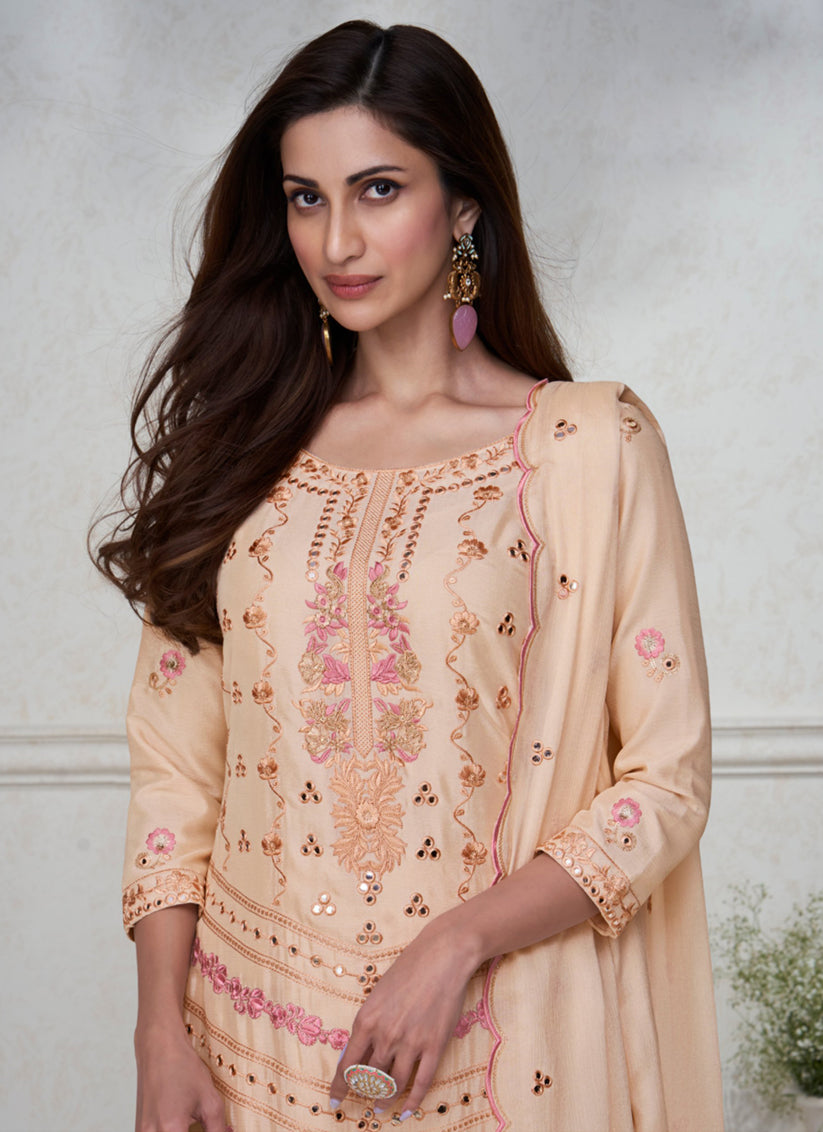 Blush Peach Chinnon Silk Embroidered Designer Palazzo Kameez