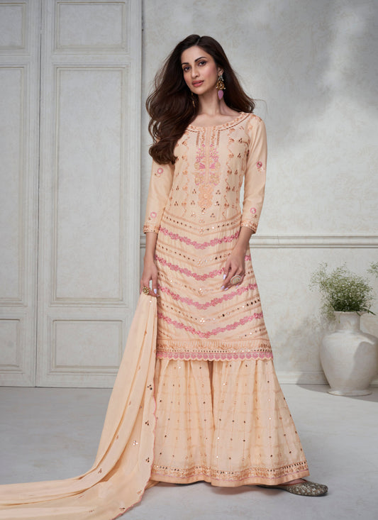 Blush Peach Chinnon Silk Embroidered Designer Palazzo Kameez