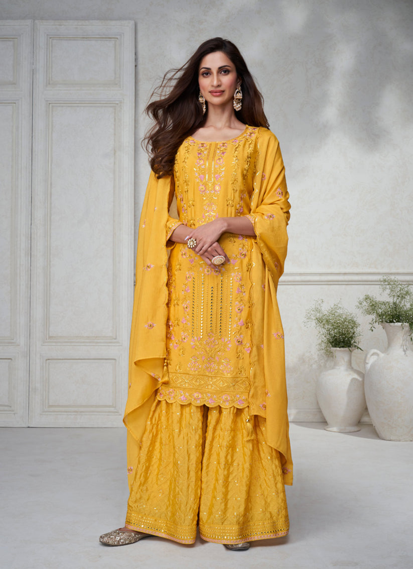 Sunny Yellow Chinnon Silk Embroidered Designer Palazzo Kameez