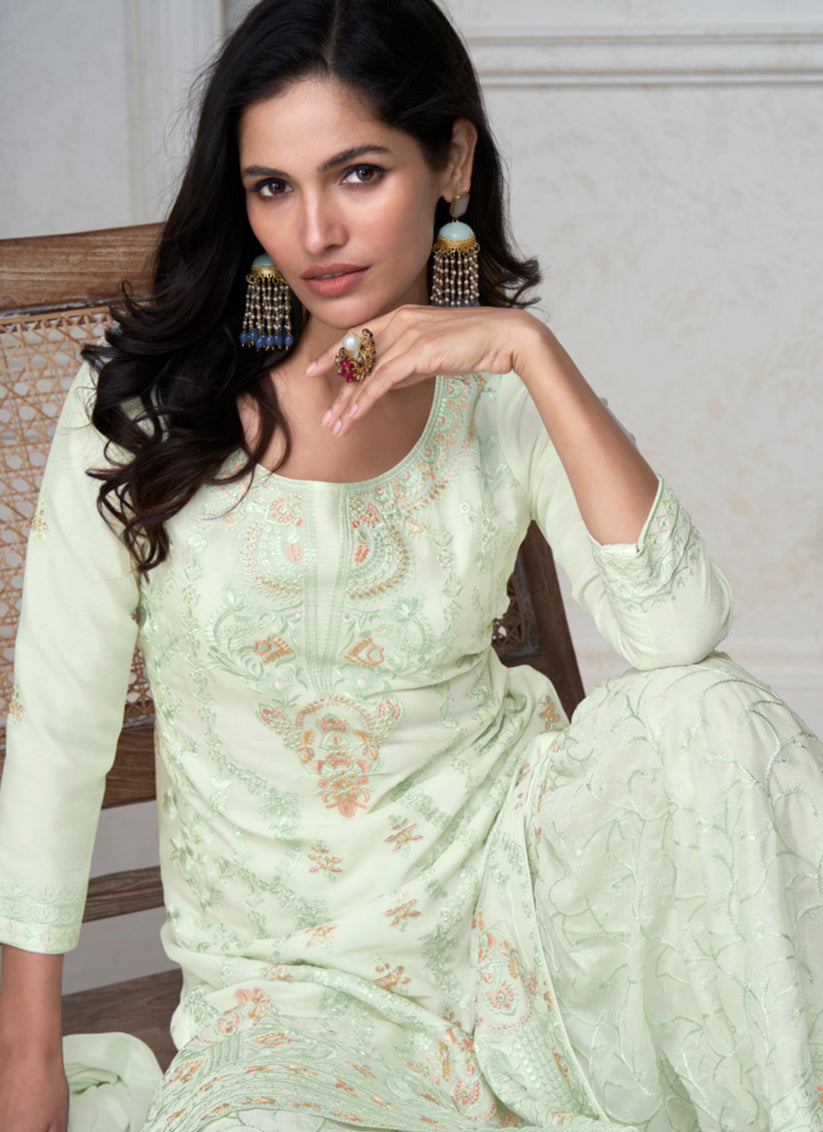 Pastel Green Chinnon Silk Embroidered Designer Sarara Kameez