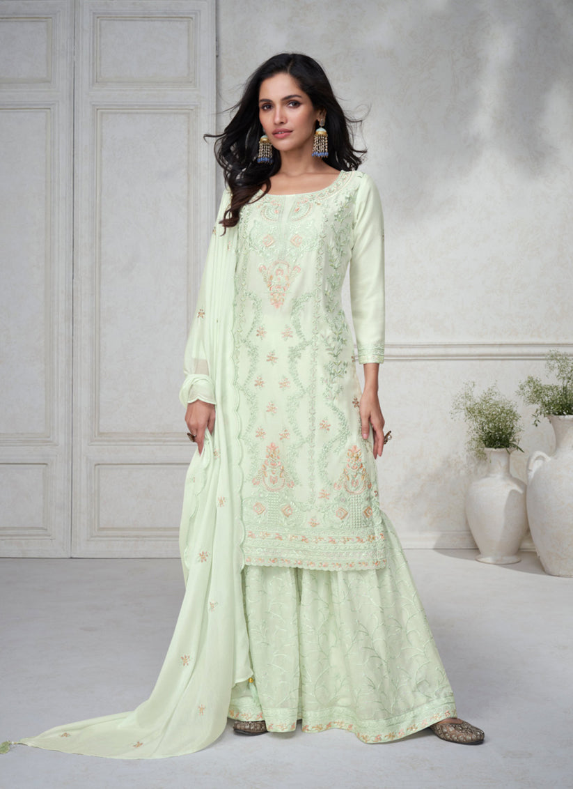 Pastel Green Chinnon Silk Embroidered Designer Sarara Kameez