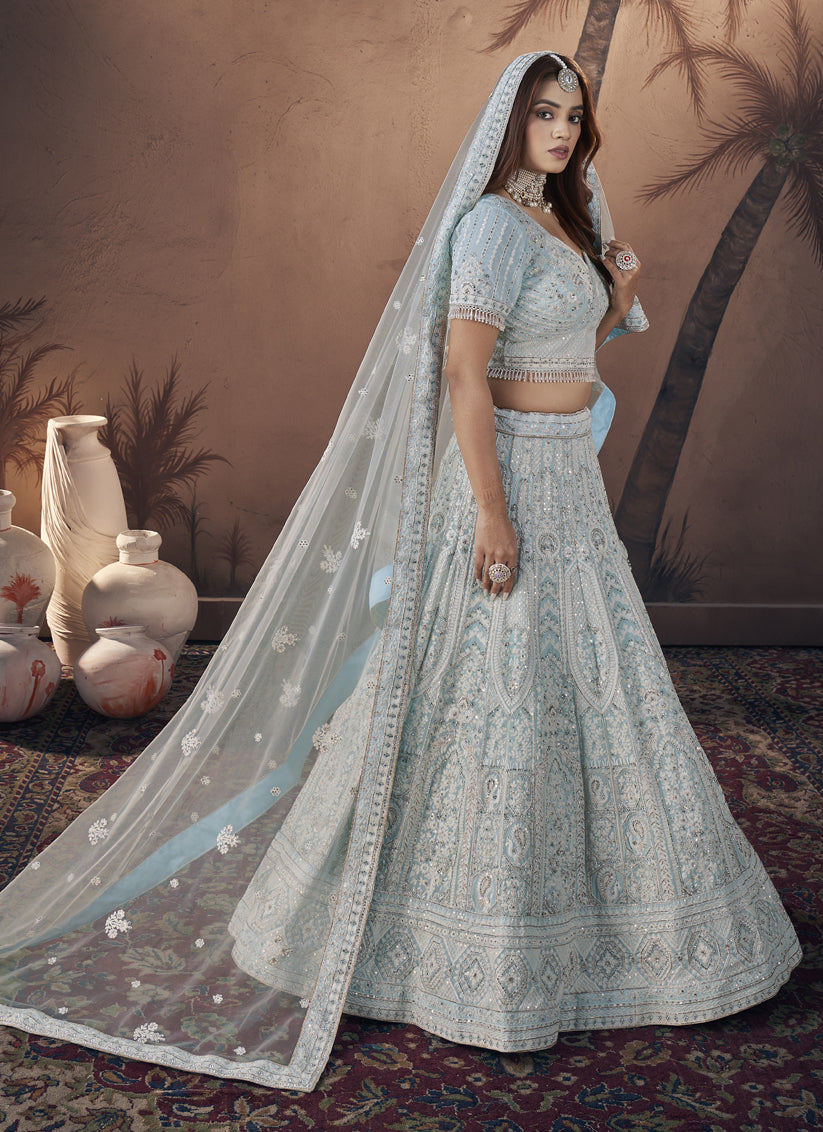 Sky Blue Georgette Designer Lehenga Choli Set