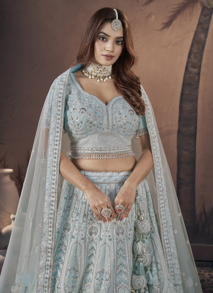 Sky Blue Georgette Designer Lehenga Choli Set