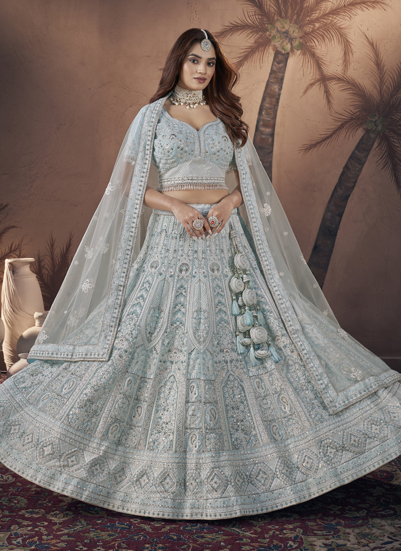 Sky Blue Georgette Designer Lehenga Choli Set