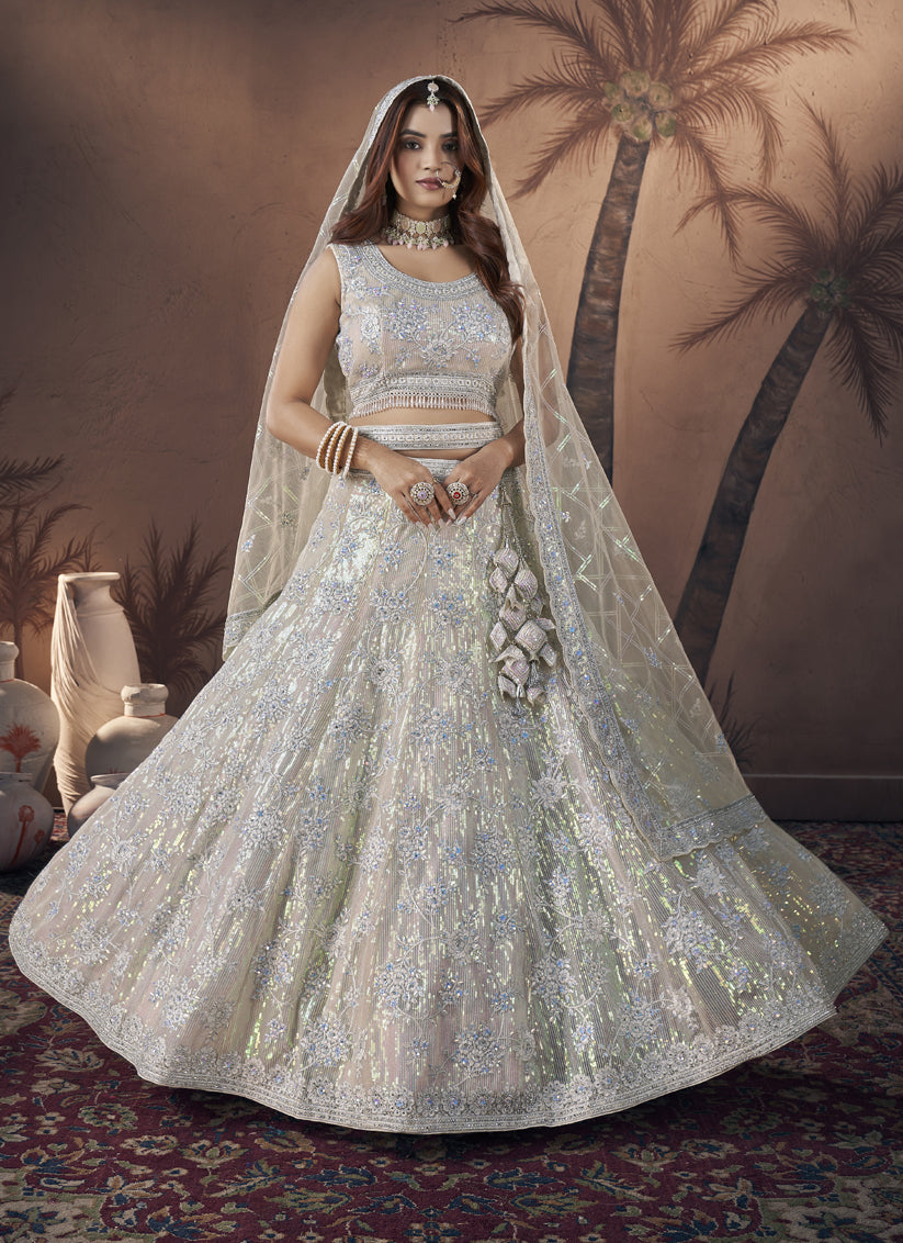 Off White Net Designer Lehenga Choli Set