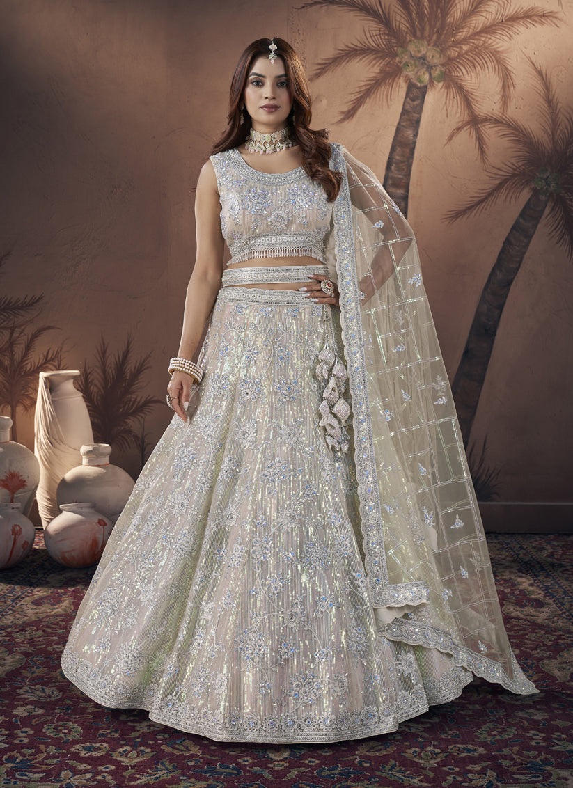 Off White Net Designer Lehenga Choli Set