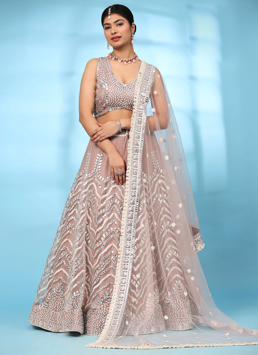 Peach Net Designer Lehenga Choli Set