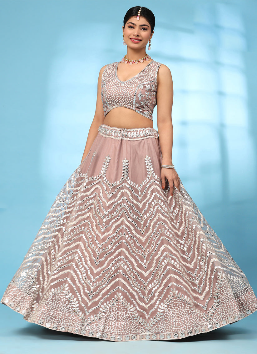 Peach Net Designer Lehenga Choli Set