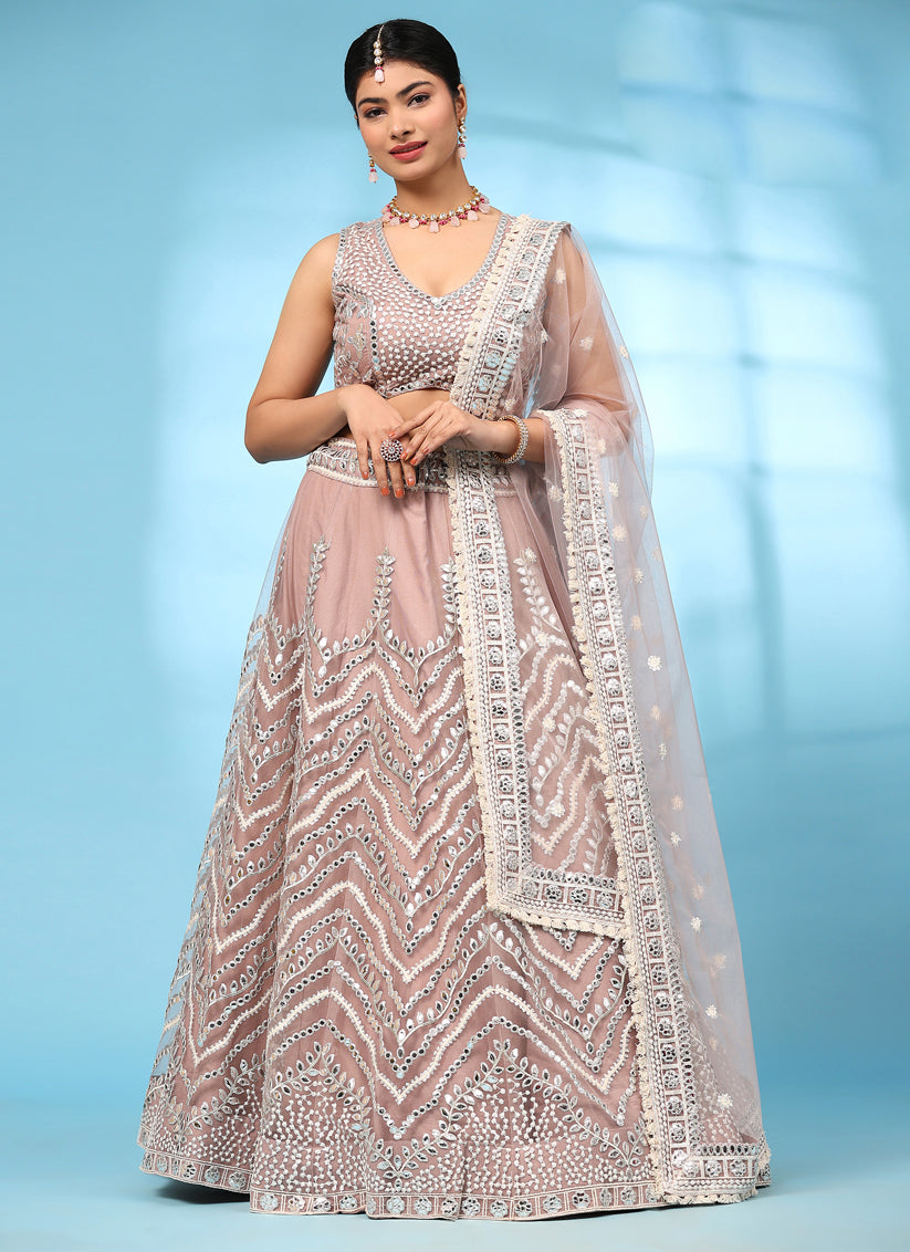 Peach Net Designer Lehenga Choli Set