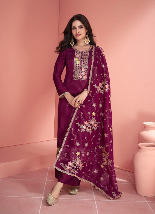 Wine Silk Embroidered Palazzo Kameez