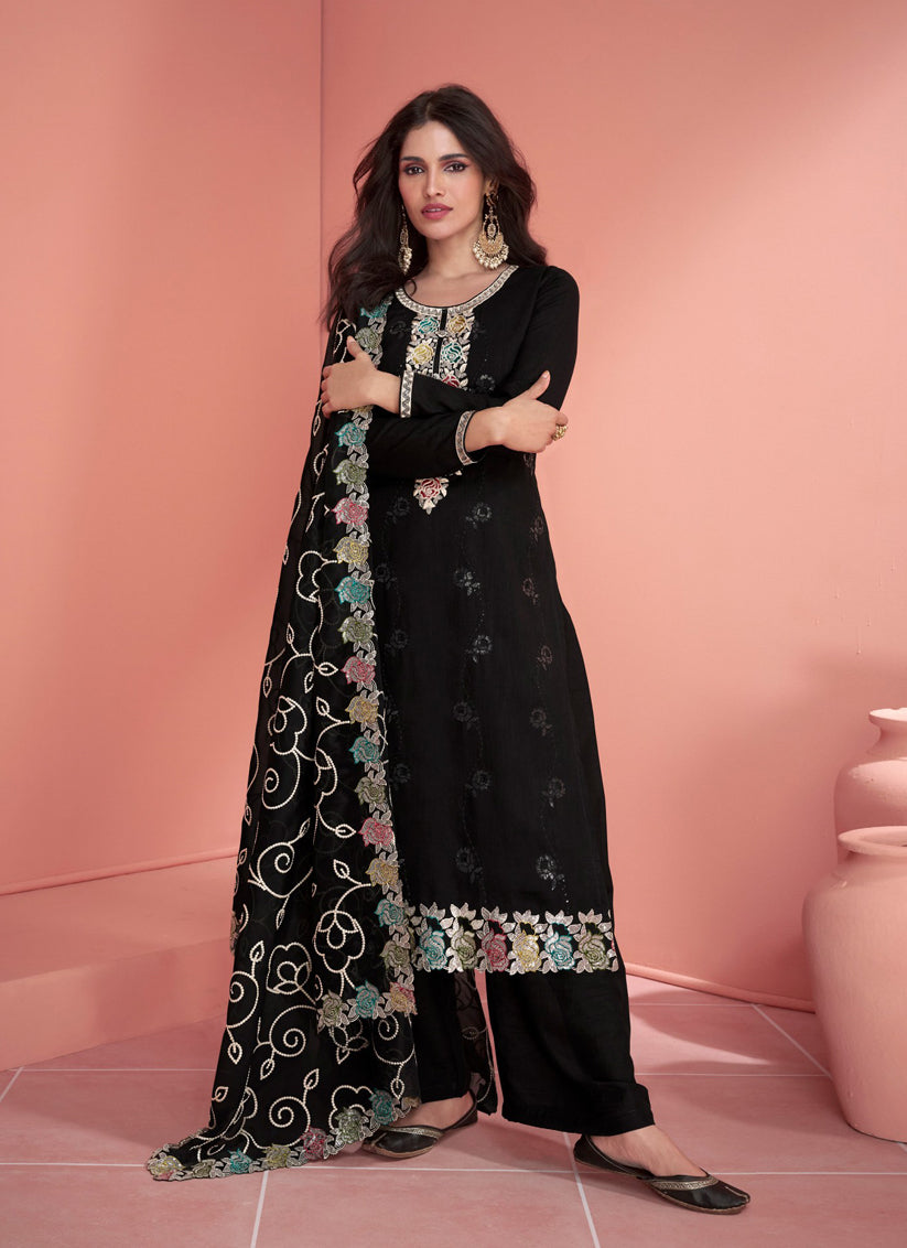 Black Silk Embroidered Palazzo Kameez