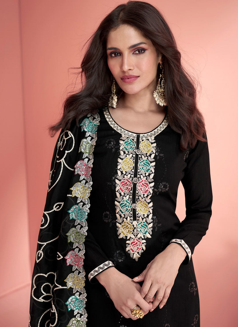 Black Silk Embroidered Palazzo Kameez