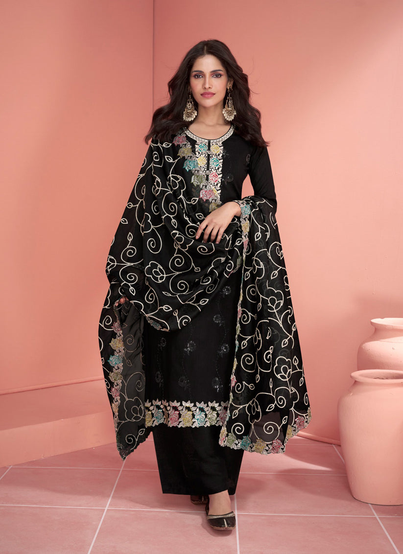 Black Silk Embroidered Palazzo Kameez