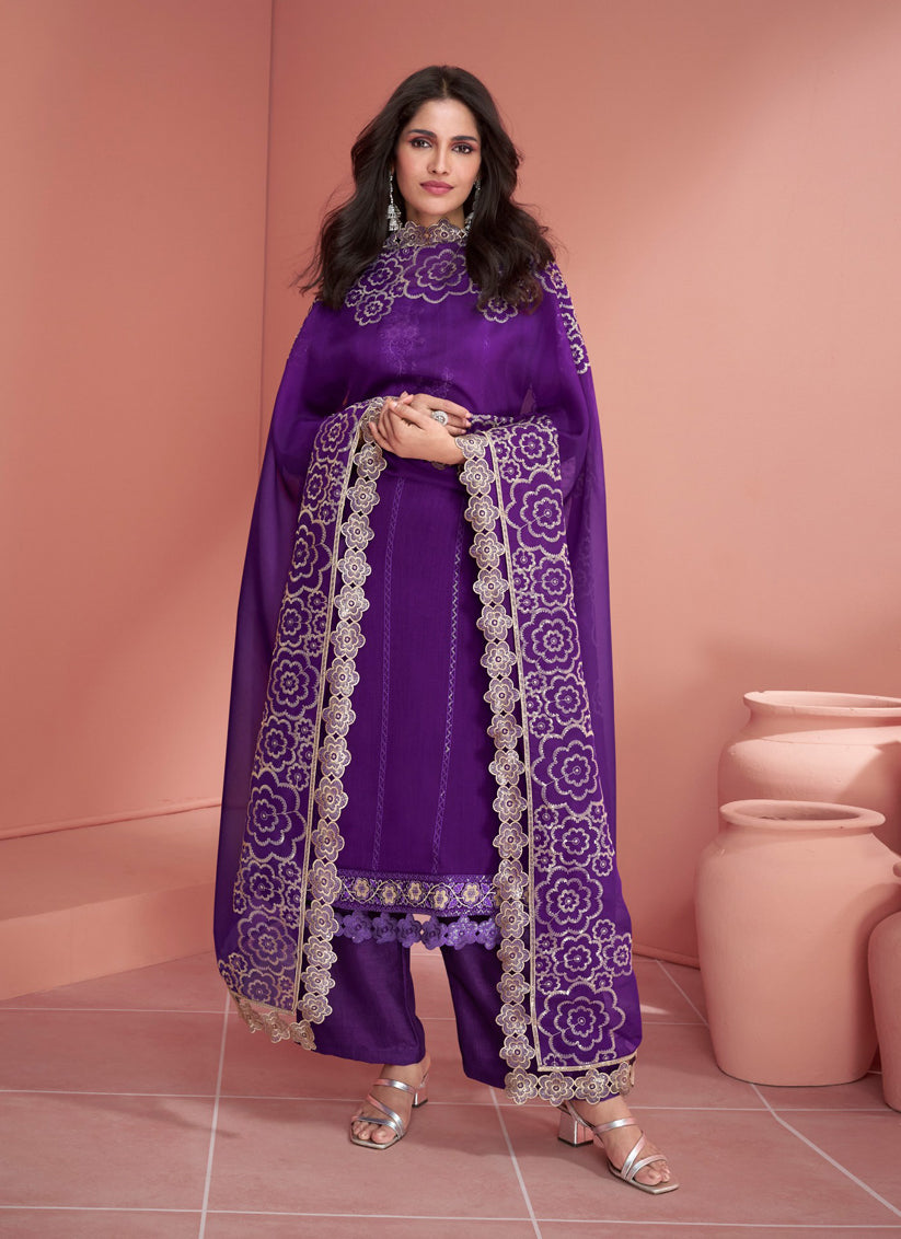 Purple Silk Embroidered Palazzo Kameez