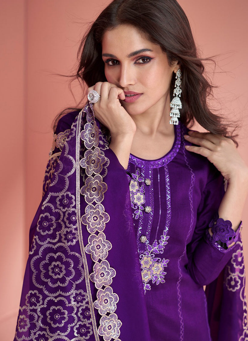 Purple Silk Embroidered Palazzo Kameez