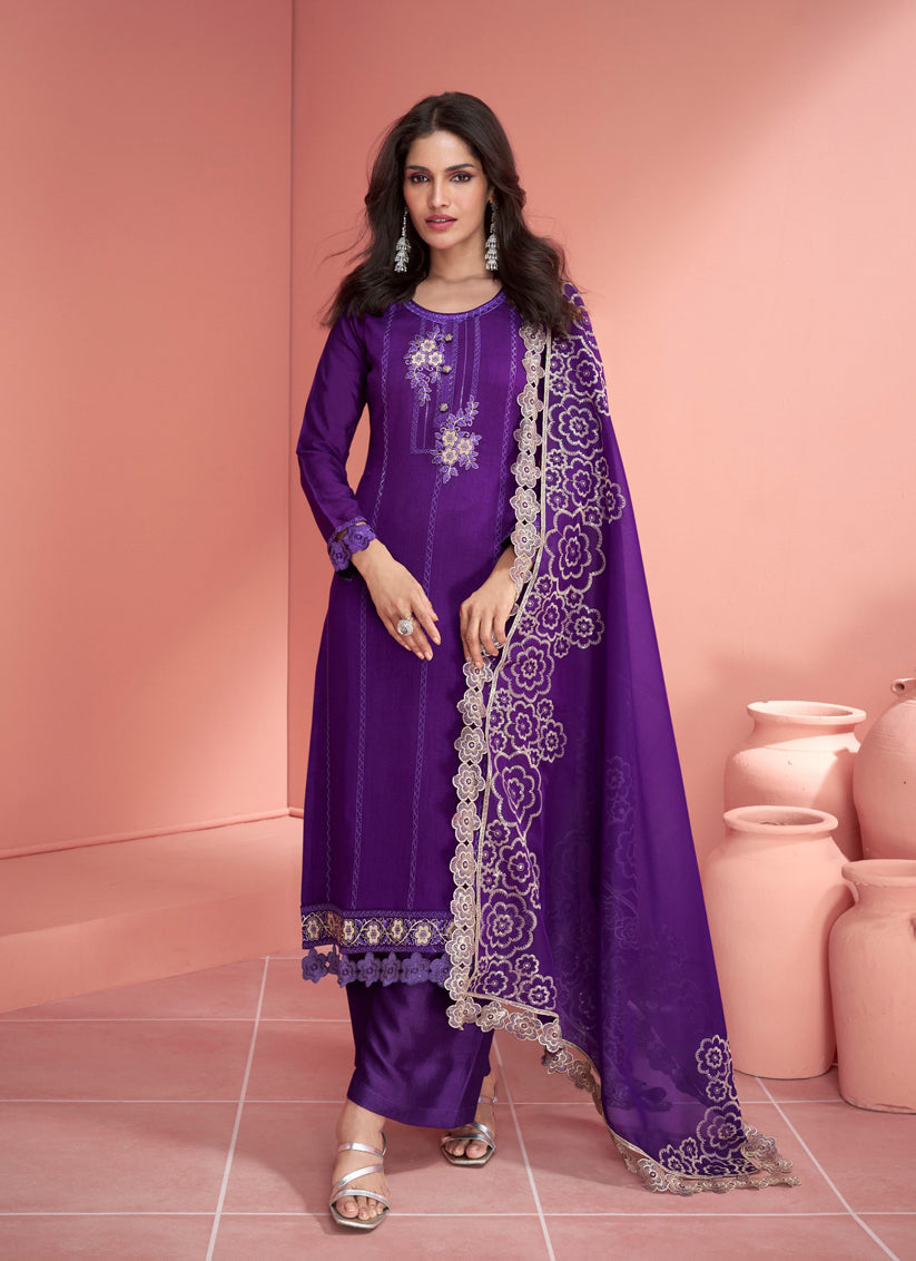 Purple Silk Embroidered Palazzo Kameez