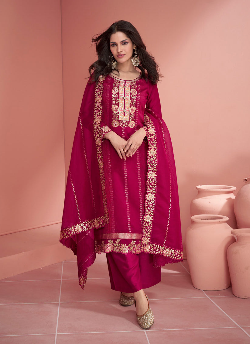 Raspberry Pink Silk Embroidered Palazzo Kameez