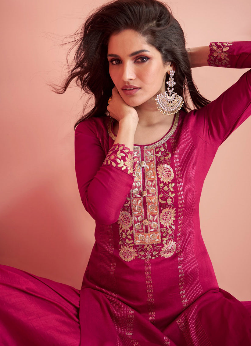 Raspberry Pink Silk Embroidered Palazzo Kameez