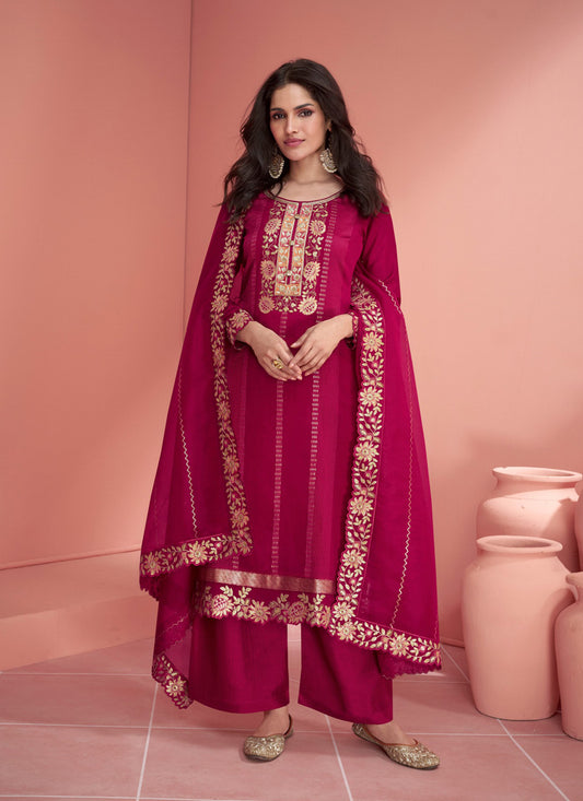 Raspberry Pink Silk Embroidered Palazzo Kameez