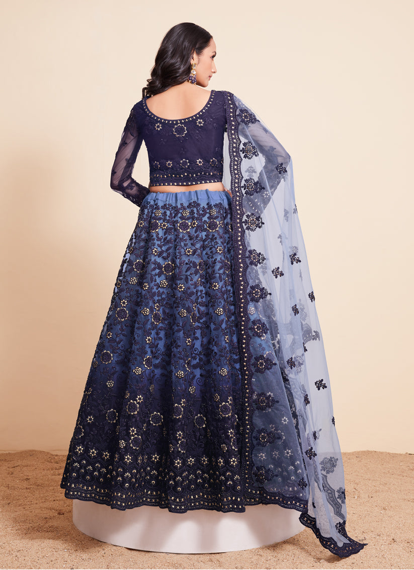 Ombre Blue Net Embroidered Designer Lehenga Choli