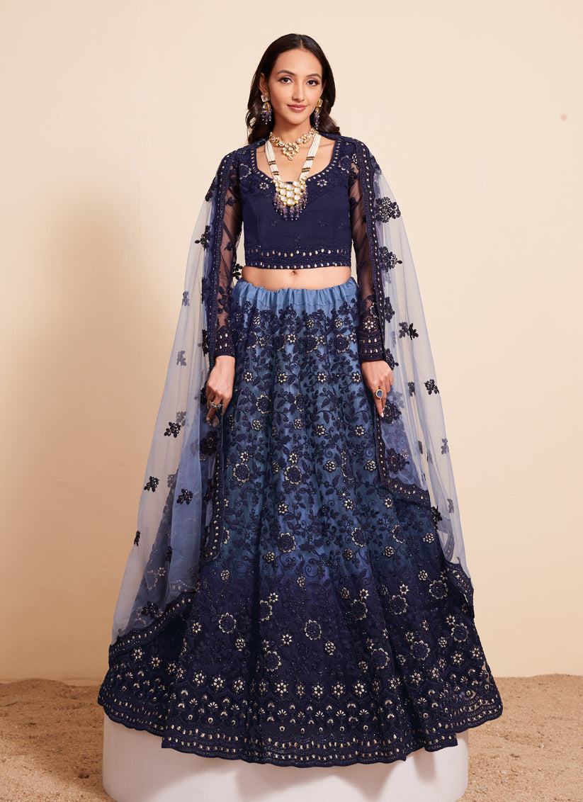 Ombre Blue Net Embroidered Designer Lehenga Choli