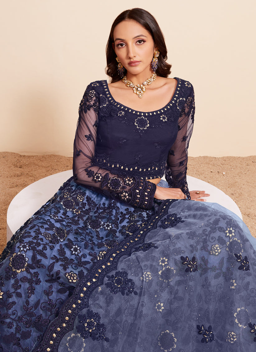 Ombre Blue Net Embroidered Designer Lehenga Choli