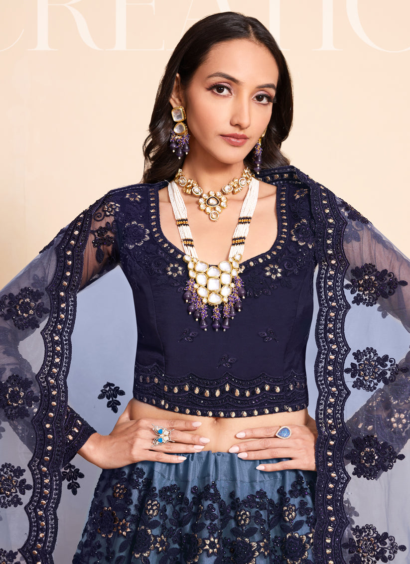 Ombre Blue Net Embroidered Designer Lehenga Choli