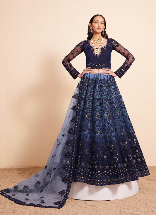 Ombre Blue Net Embroidered Designer Lehenga Choli