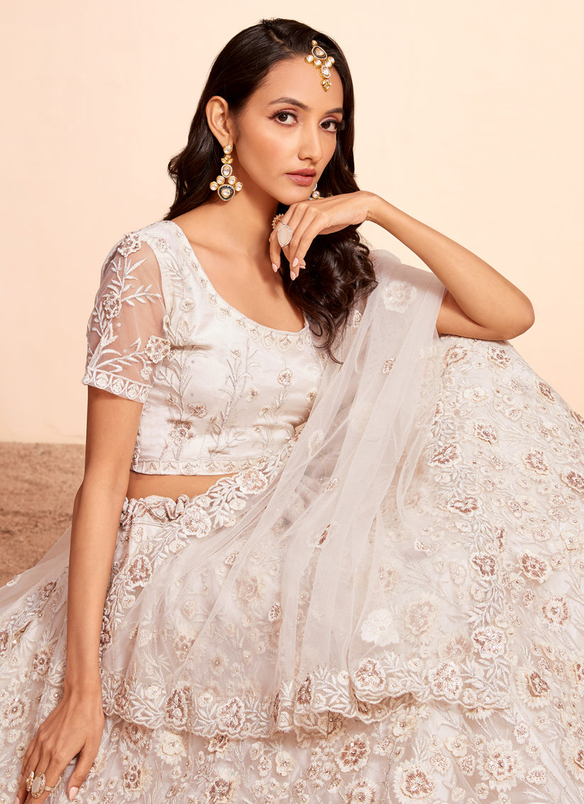 Cream Net Embroidered Designer Lehenga Choli