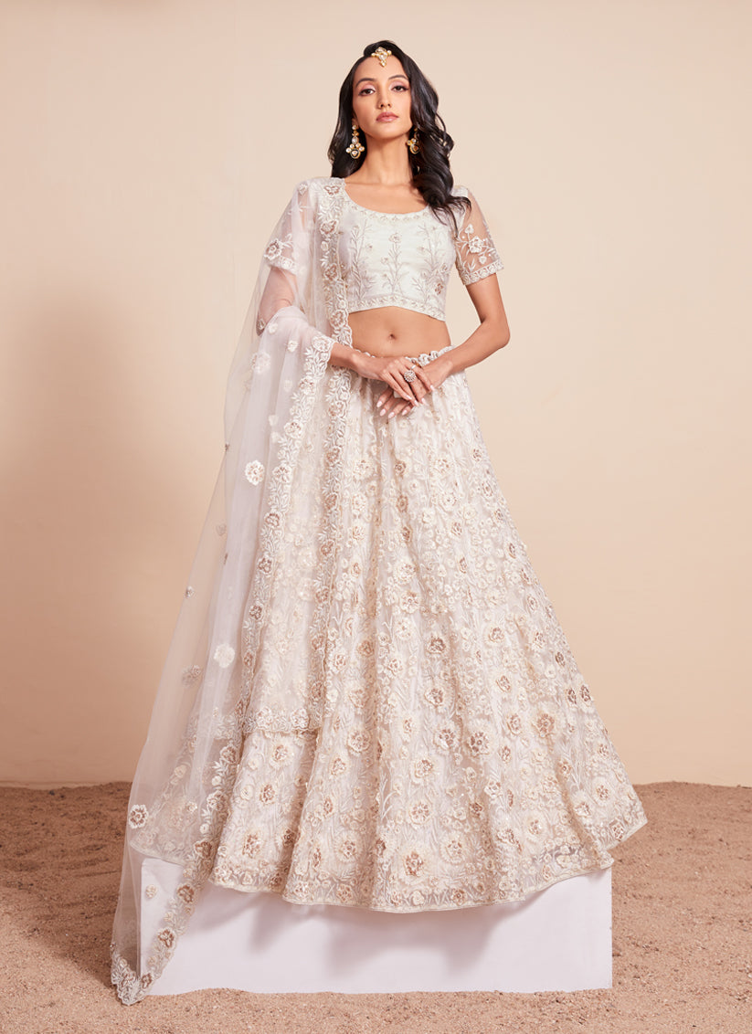 Cream Net Embroidered Designer Lehenga Choli